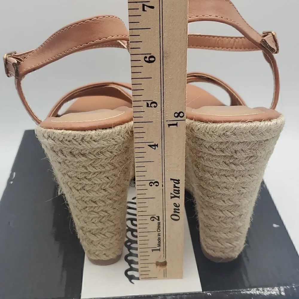 Weeboo Tan Mid High Heel Wedge Strappy Buckle Espadrille Sandals Size 7.5